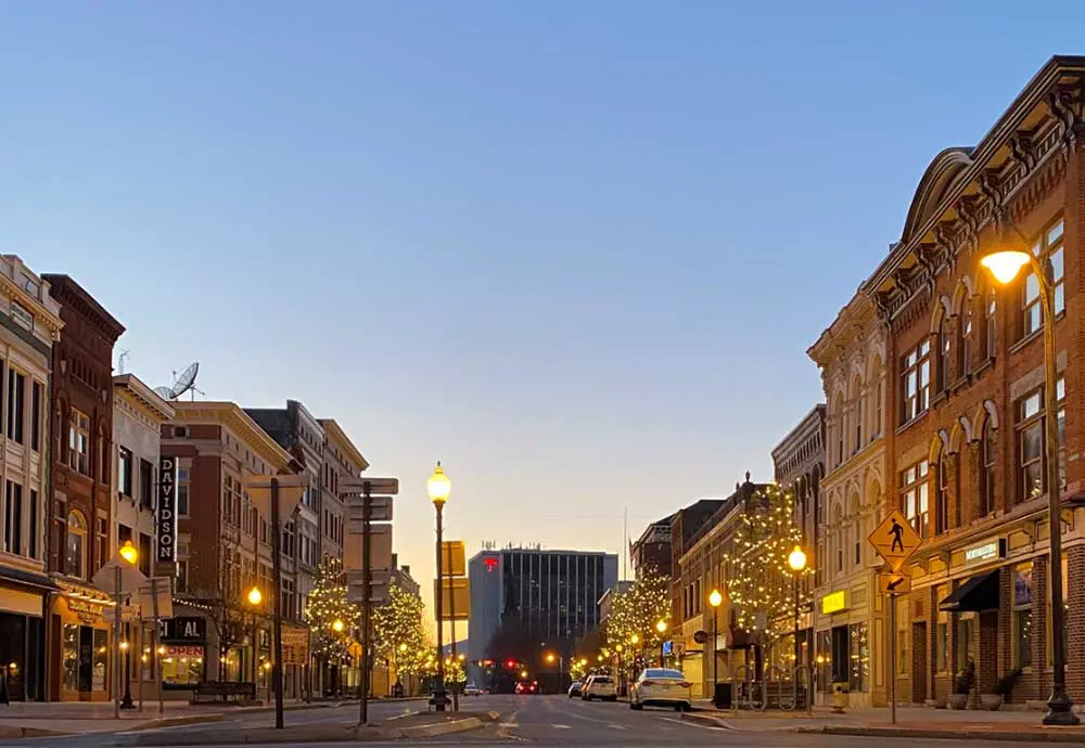 downtown glens falls at dusk