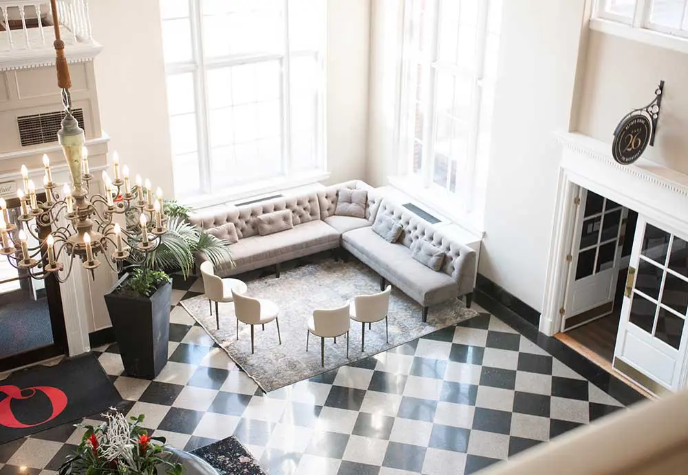 Overhead view of lobby with large sectional couch