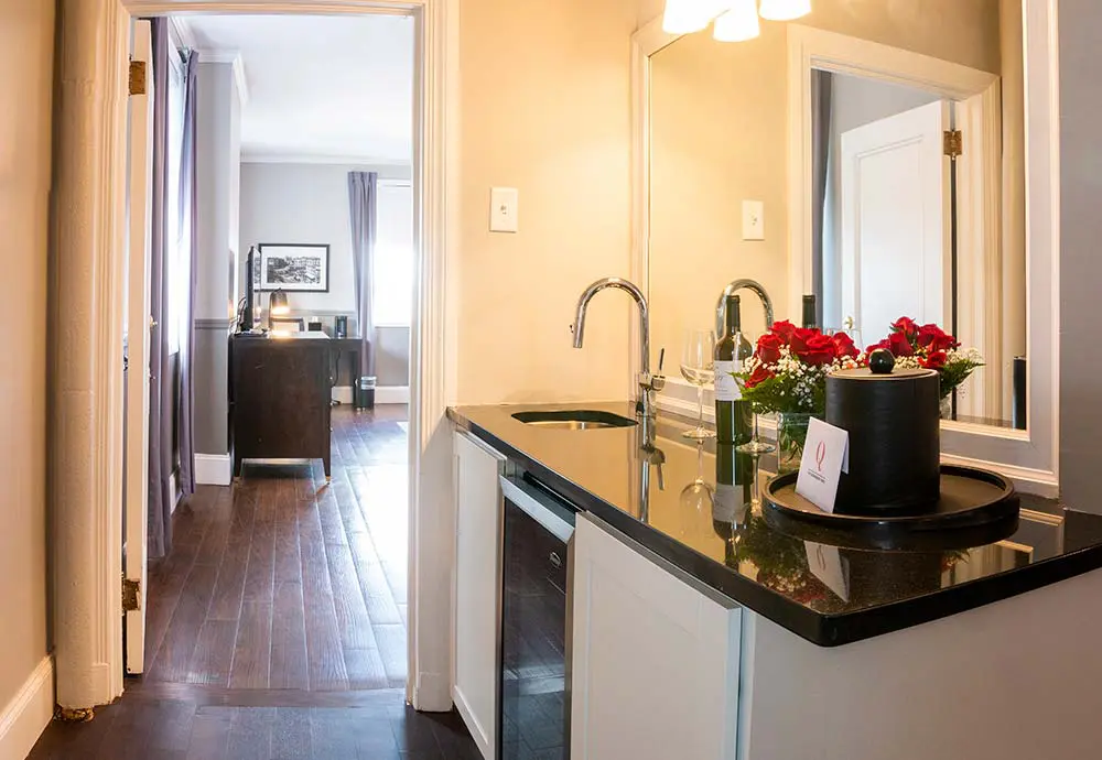 hotel room wet bar area